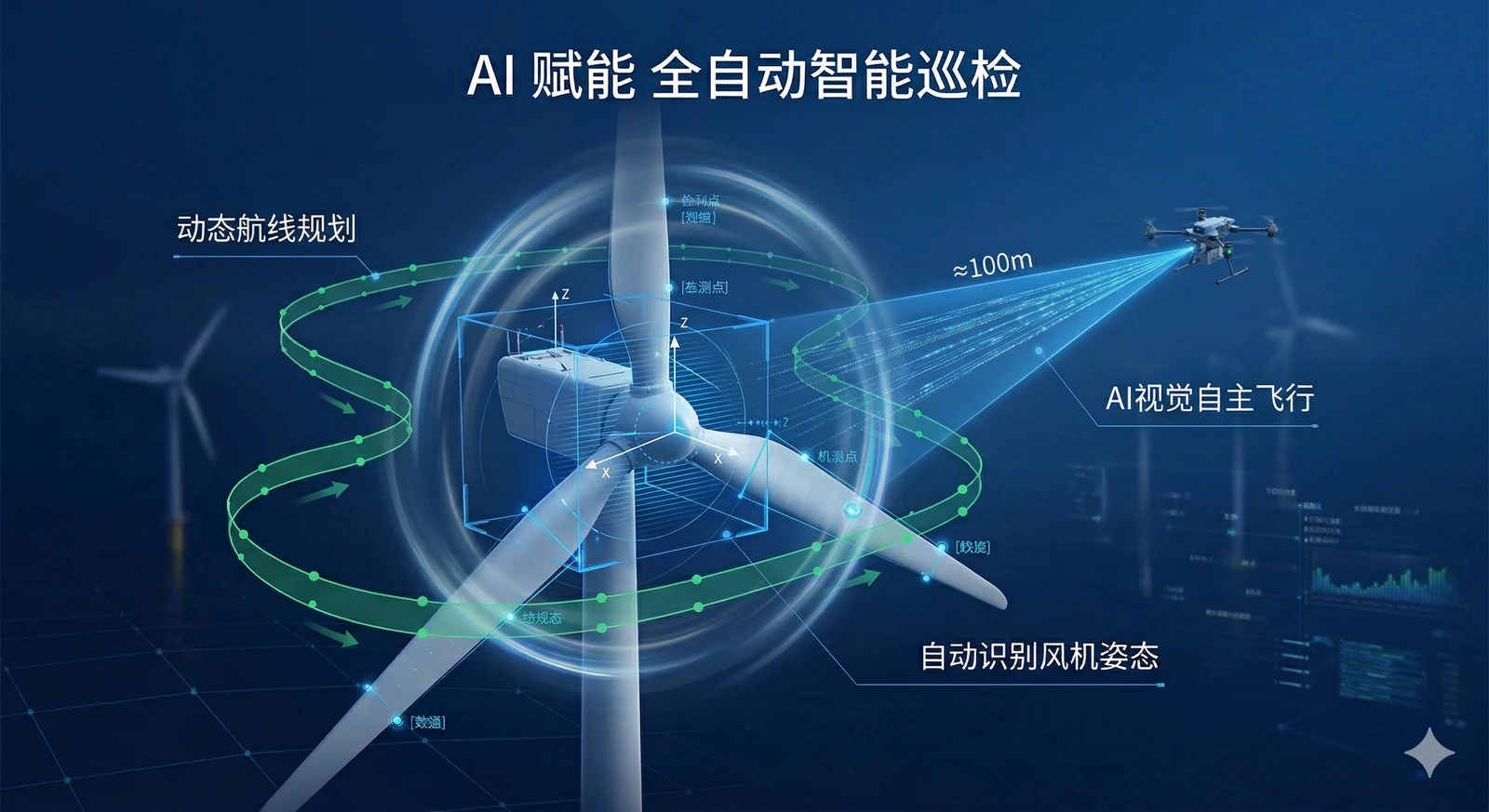 玄鉴风机叶片无人机不停机巡检系统动态航线与远距成像示意